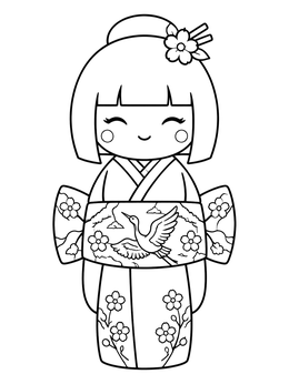 Free printable Cute Kokeshi Doll With Crane Obi coloring page