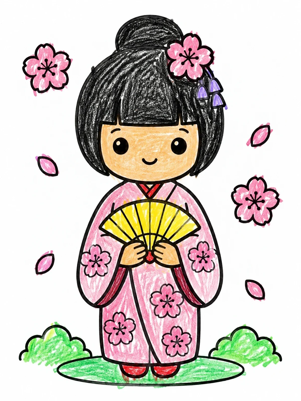 Colored example of the Cute Kokeshi Doll With Fan coloring page