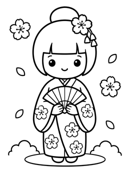 Free printable Cute Kokeshi Doll With Fan coloring page