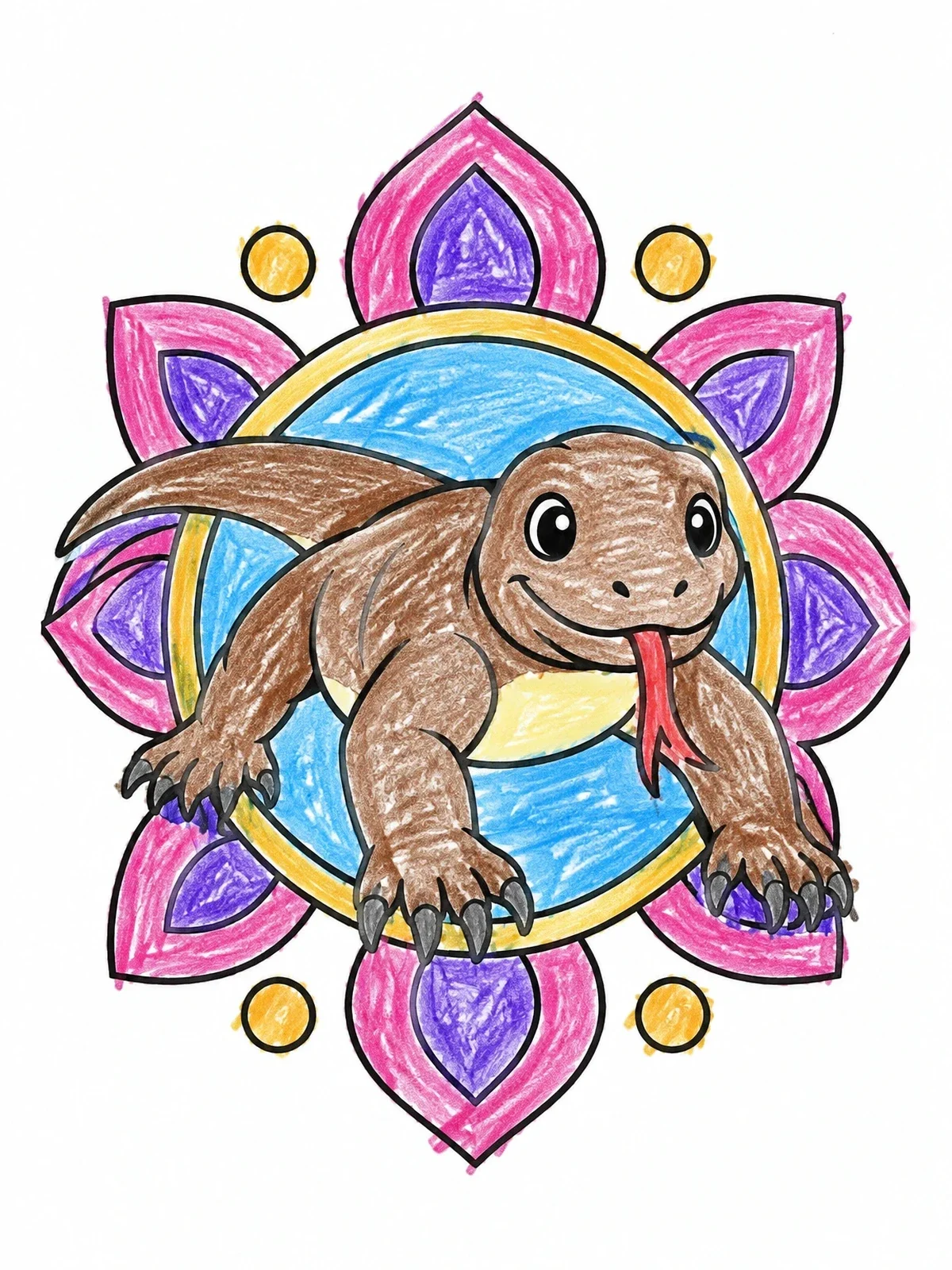 Colored example of the Cute Komodo Dragon In Floral Frame coloring page