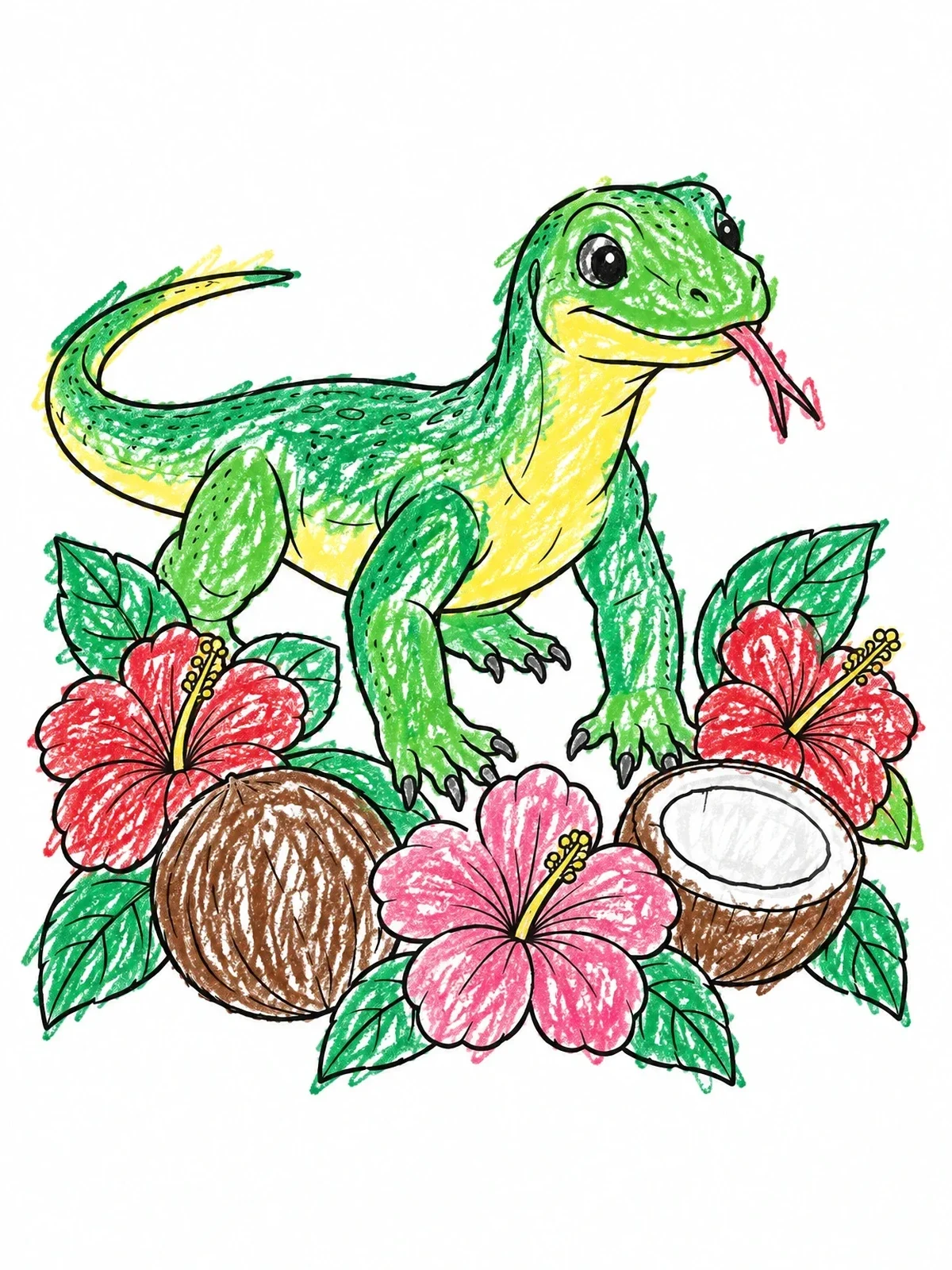 Colored example of the Cute Komodo Dragon With Tropical Flowers coloring page