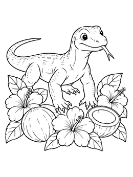 A friendly komodo dragon coloring page surrounded by tropical hibiscus flowers and coconuts.