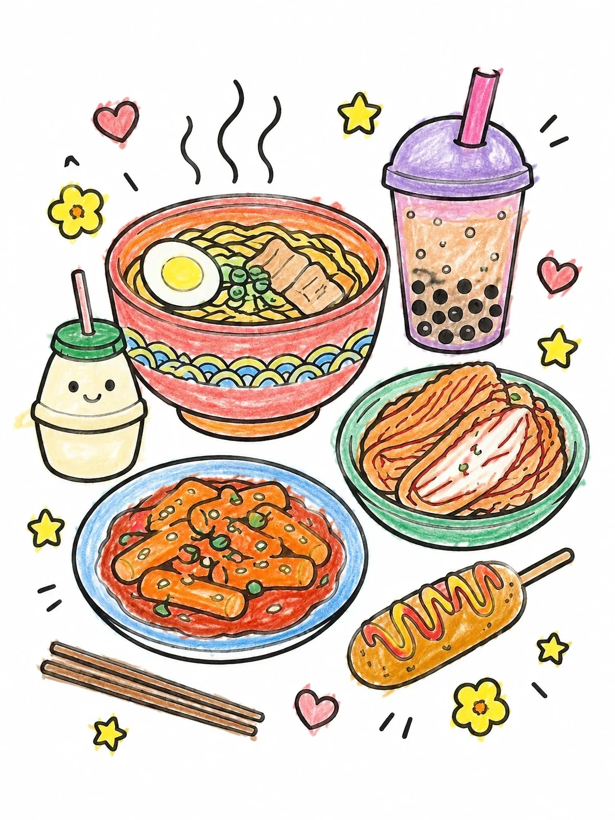 Colored example of the Cute Korean Street Food Treats coloring page