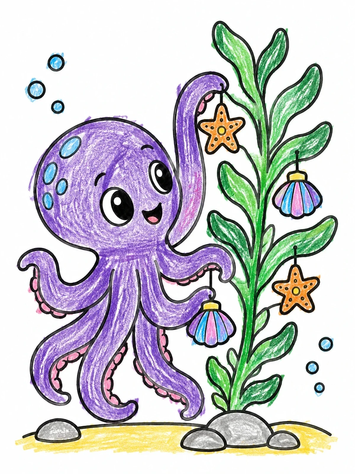 Colored example of the Kraken Decorating A Kelp Tree coloring page