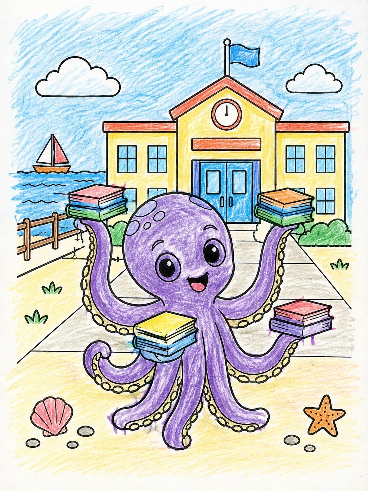 Colored example of the Cute Kraken Going To School coloring page