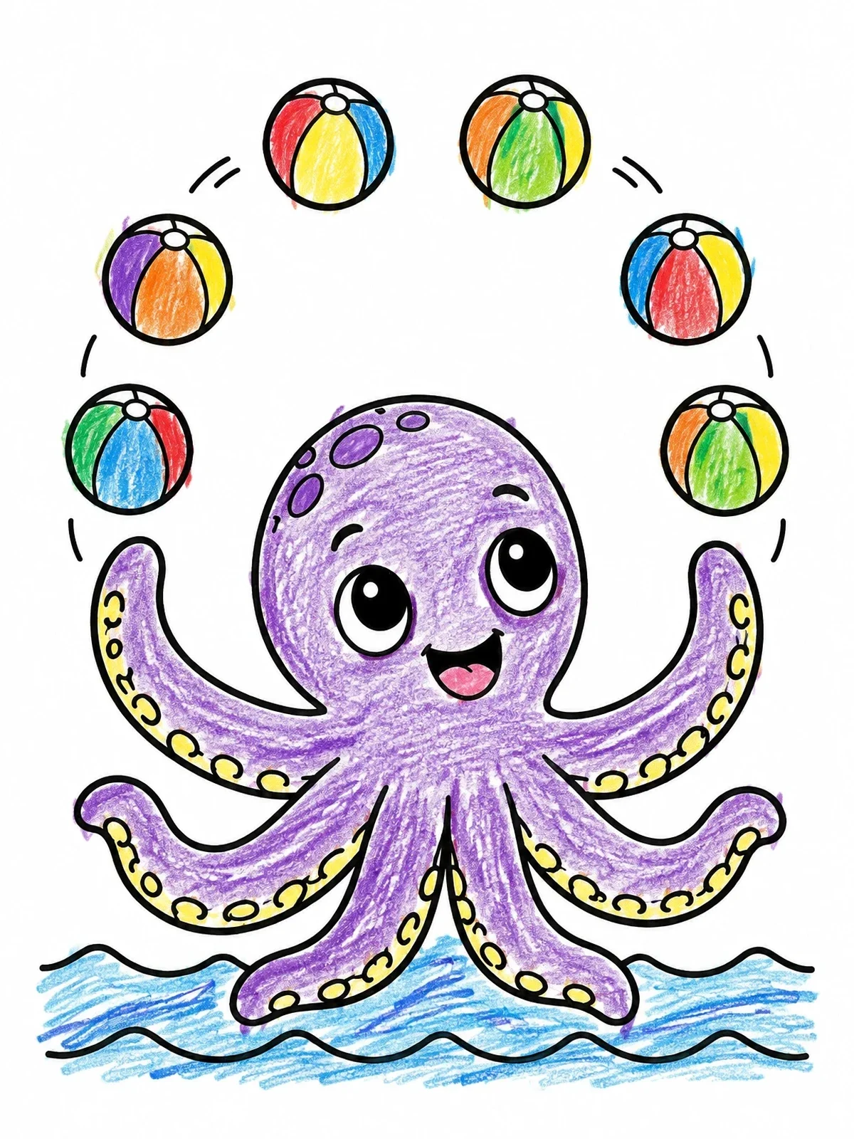 Colored example of the Cute Kraken Juggling Beach Balls coloring page