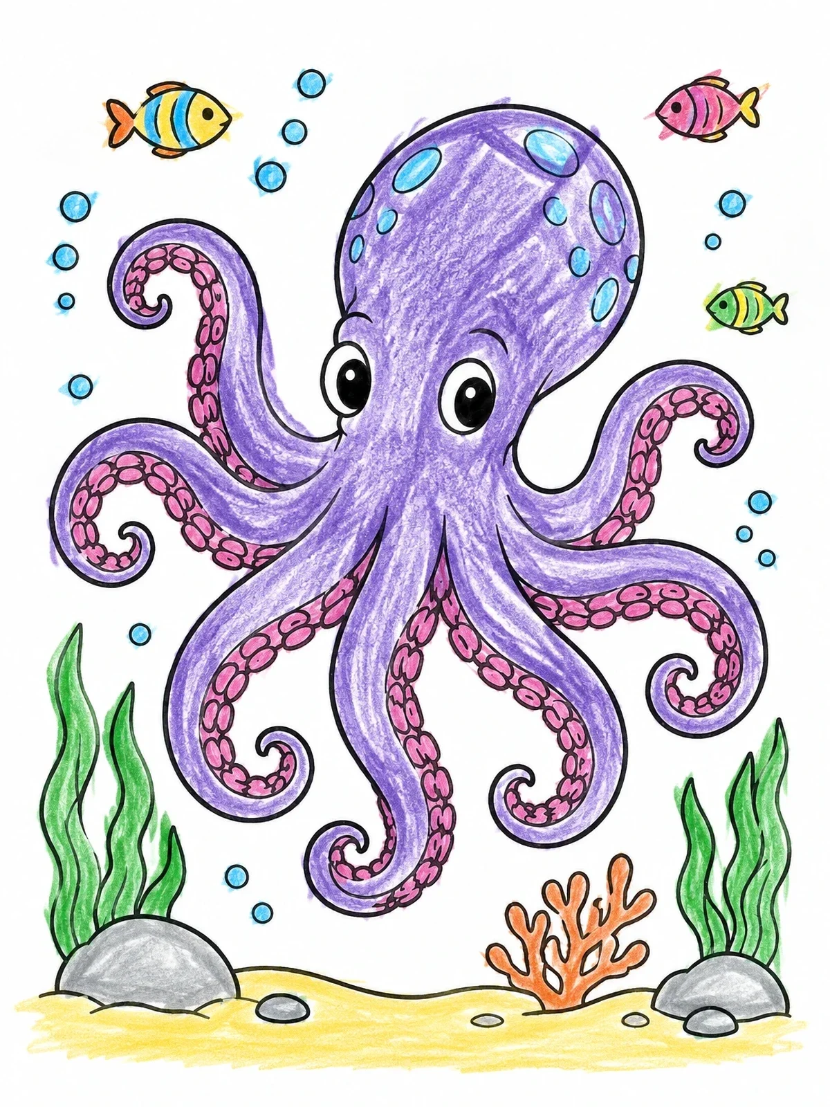 Colored example of the Cute Kraken Under The Sea coloring page