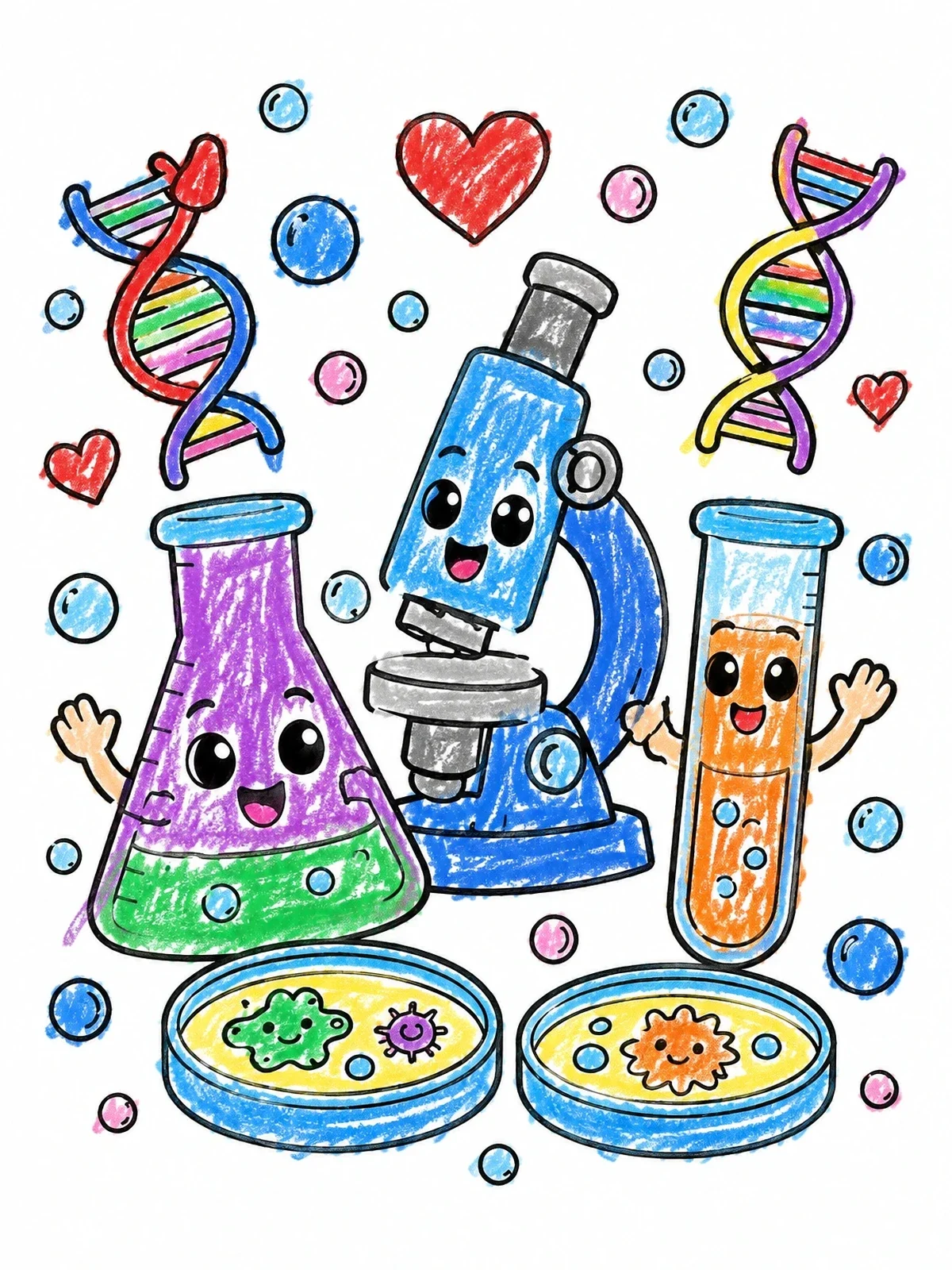 Colored example of the Cute Lab Equipment Friends coloring page