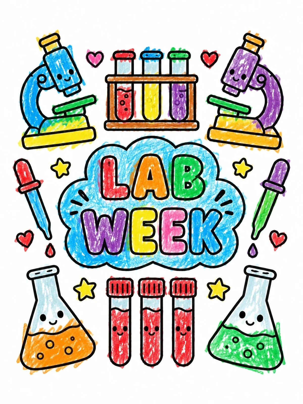 Colored example of the Cute Lab Week Science Doodle coloring page