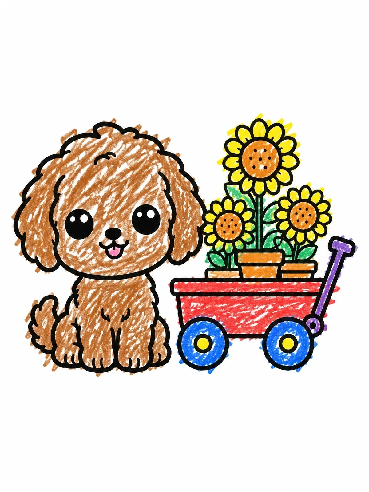 Colored example of the Cute Labradoodle Beside Sunflower Wagon coloring page