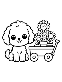 Free printable Cute Labradoodle Beside Sunflower Wagon coloring page