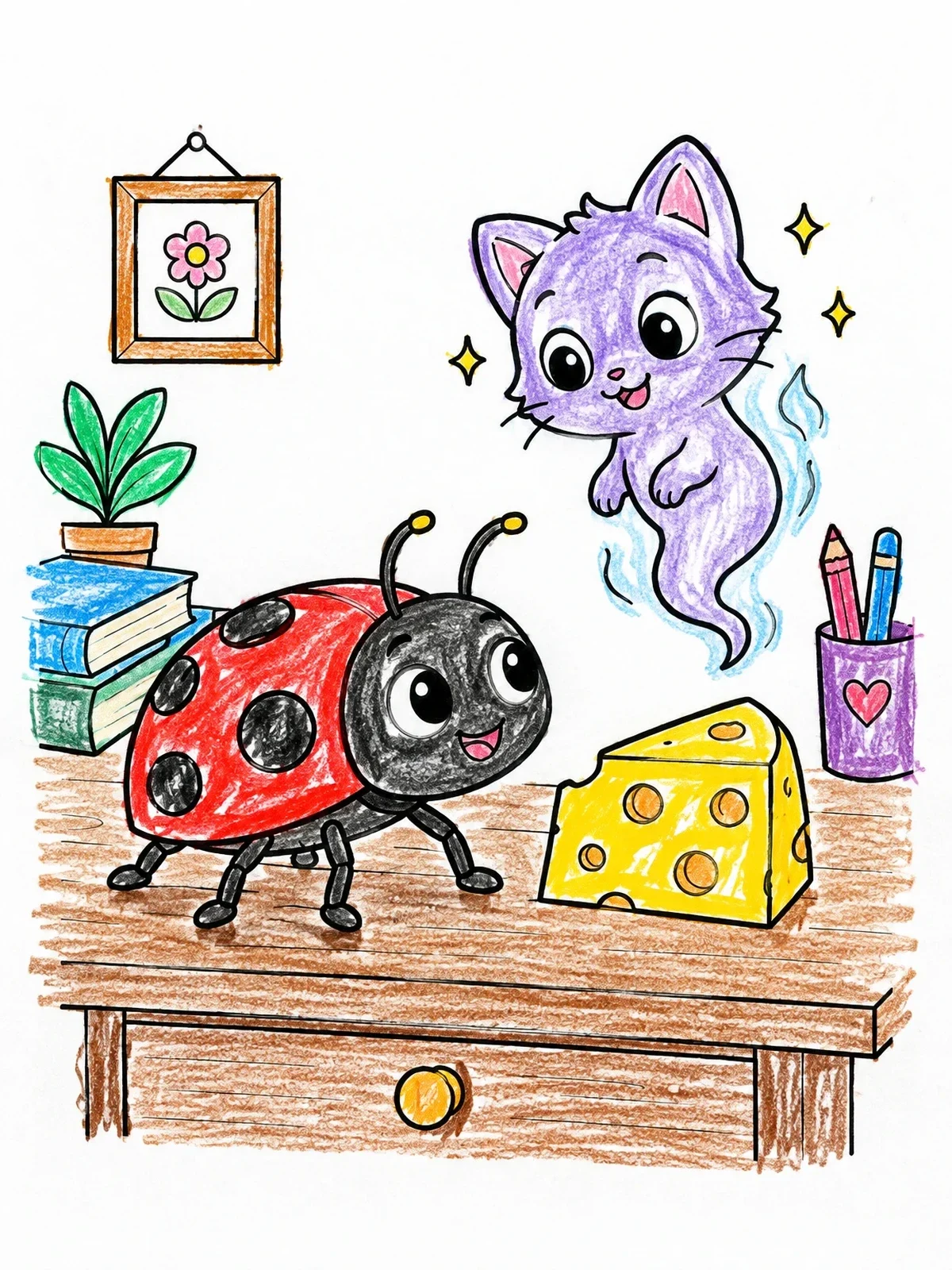 Colored example of the Cute Ladybug And Floating Cat Spirit coloring page