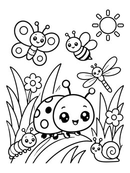 A cheerful ladybug and friendly insects in this cute bug coloring page.