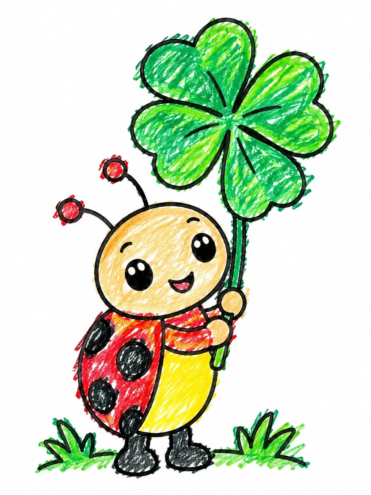 Colored example of the Cute Ladybug Holding A Lucky Clover coloring page