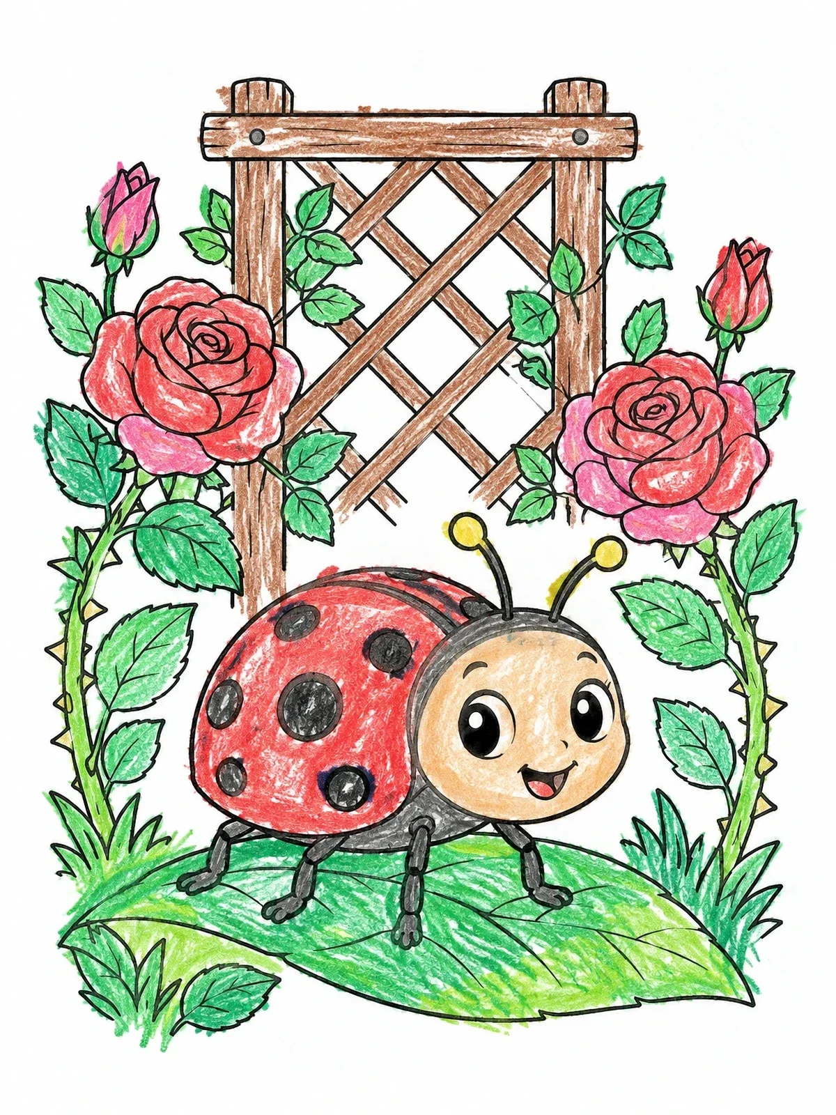Colored example of the Cute Ladybug In Rose Garden coloring page