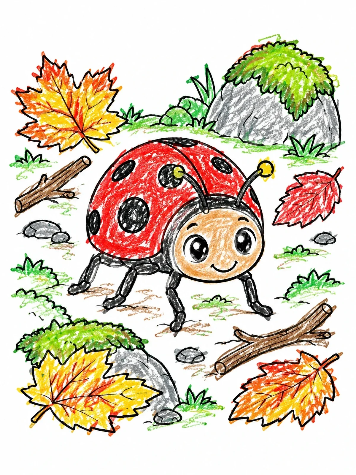 Colored example of the Cute Ladybug On Forest Floor coloring page