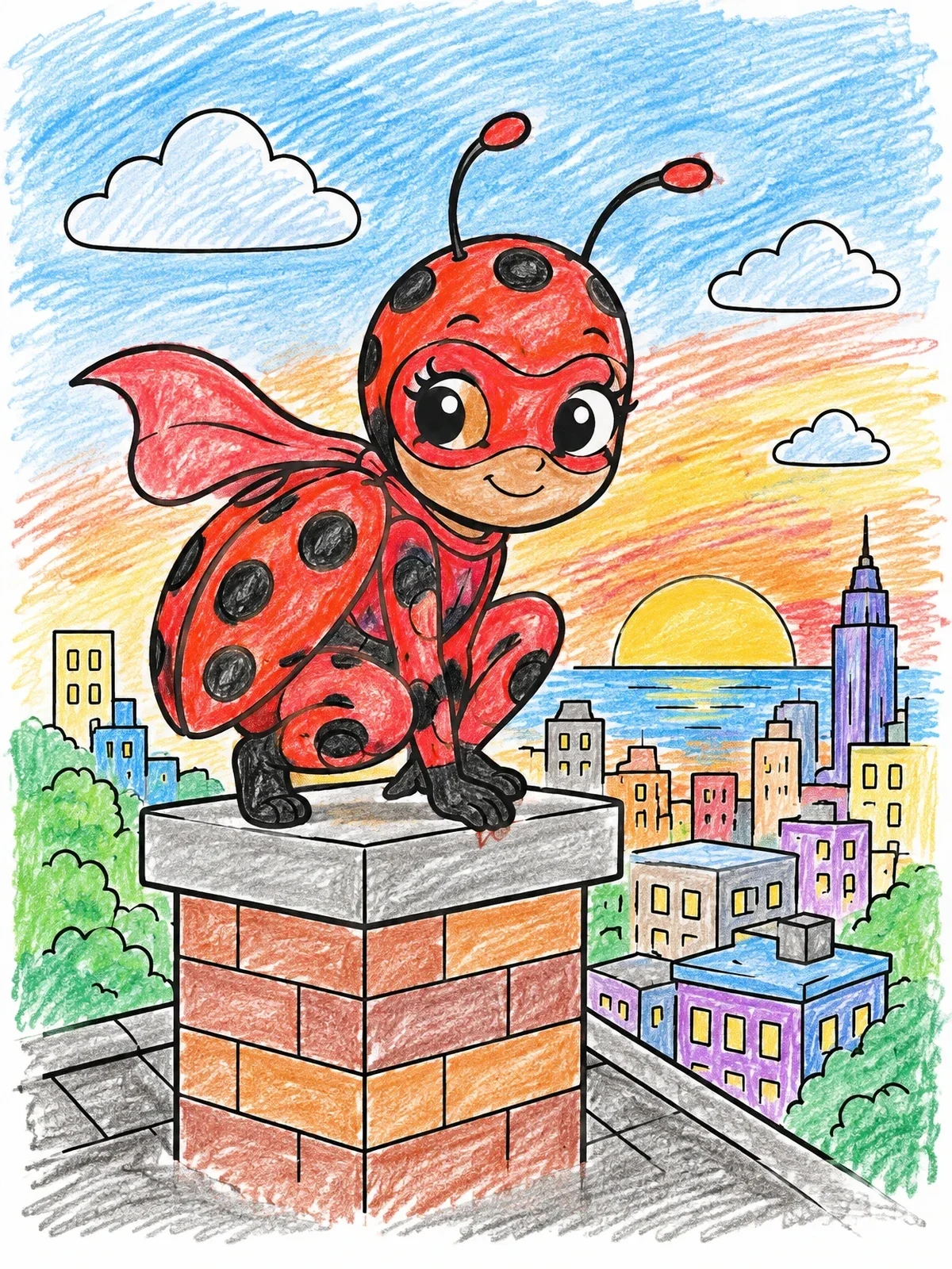 Colored example of the Cute Ladybug Superhero On Chimney coloring page