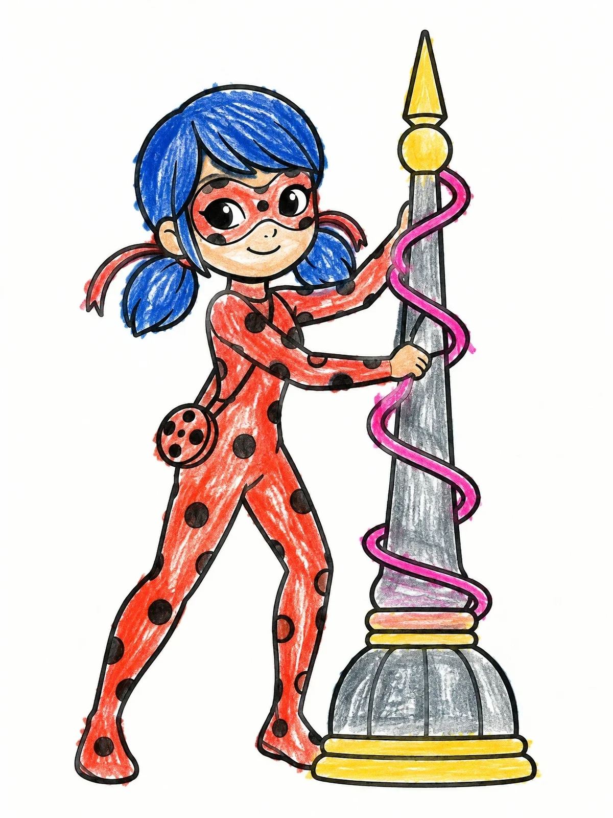 Colored example of the Ladybug Superhero Girl By Rooftop Spire coloring page