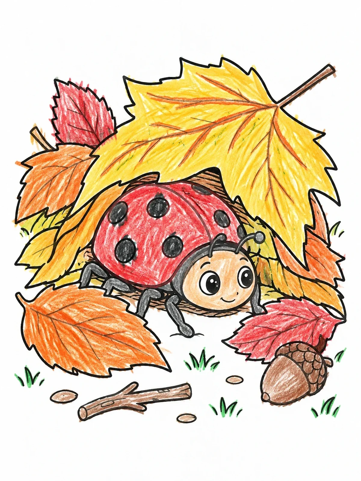 Colored example of the Cute Ladybug Under Autumn Leaves coloring page