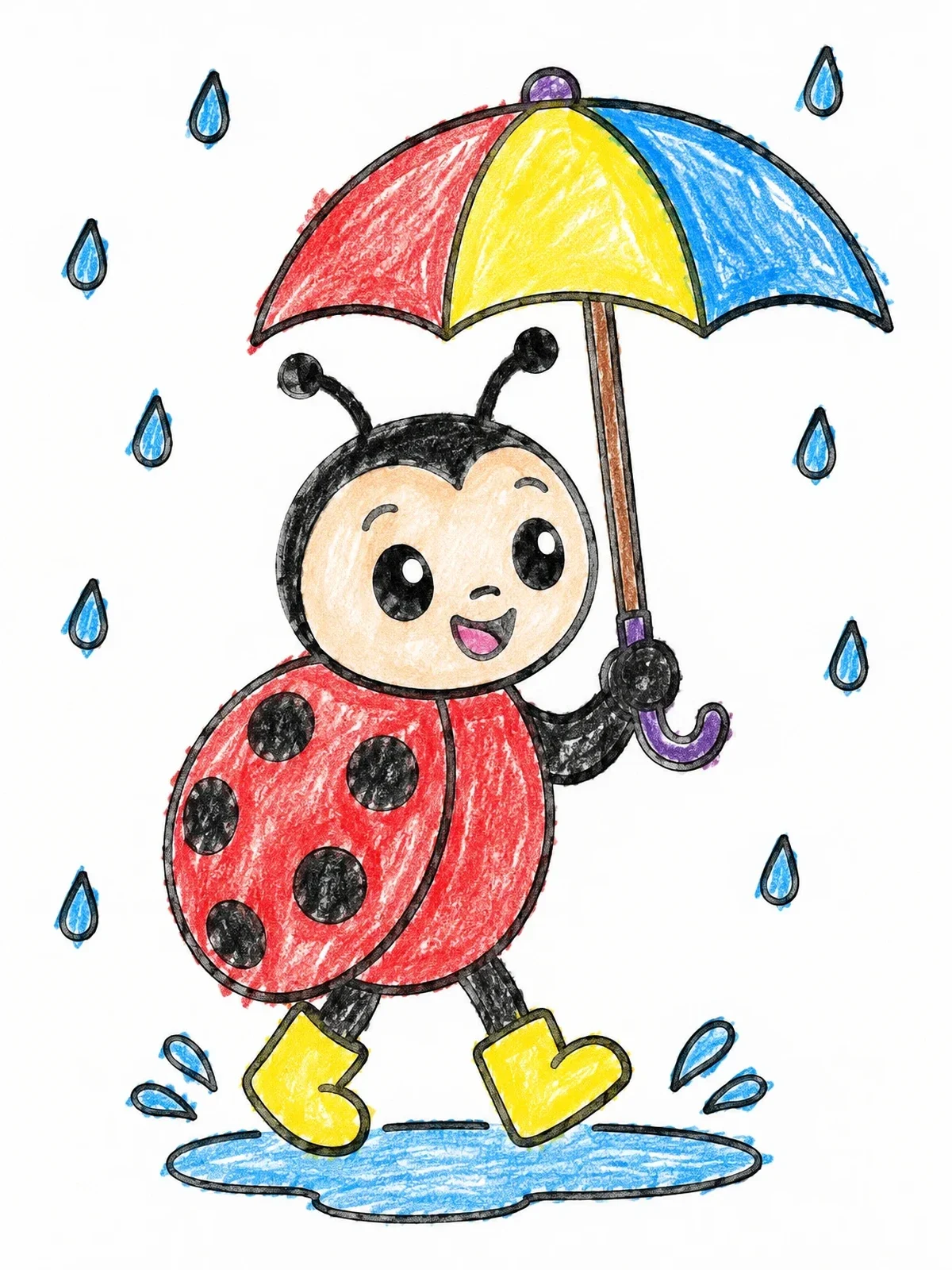 Colored example of the Cute Ladybug Walking In The Rain coloring page