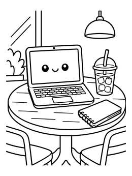 Free printable Cute Laptop At A Cafe Table coloring page