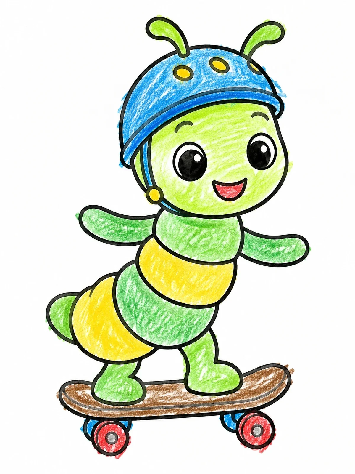 Colored example of the Cute Larva On A Skateboard coloring page
