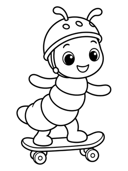 A cheerful insect larva coloring page featuring a cute bug riding a skateboard in a helmet.