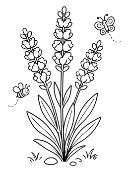Free printable Cute Lavender Stems With Bee And Butterfly coloring page