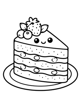 A happy layered berry cake slice on a plate features in this sweet cake coloring page.