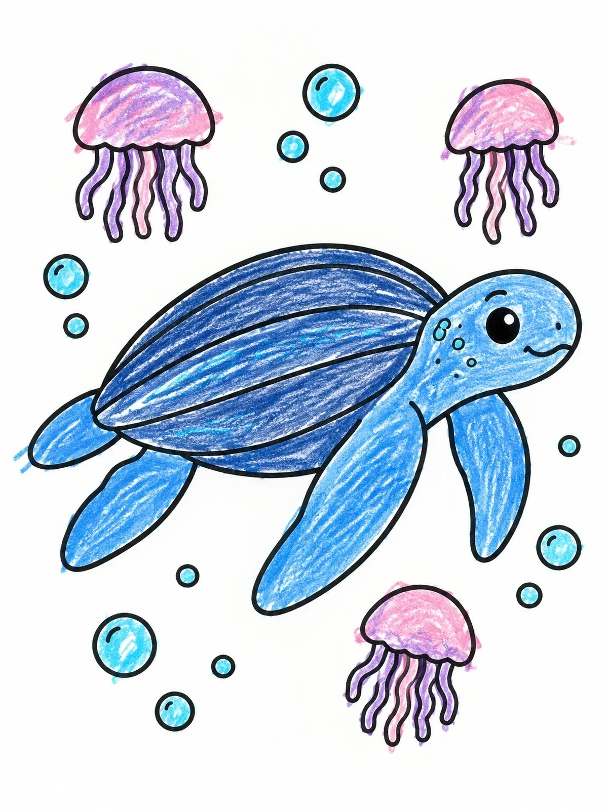 Colored example of the Cute Leatherback Sea Turtle With Jellyfish coloring page