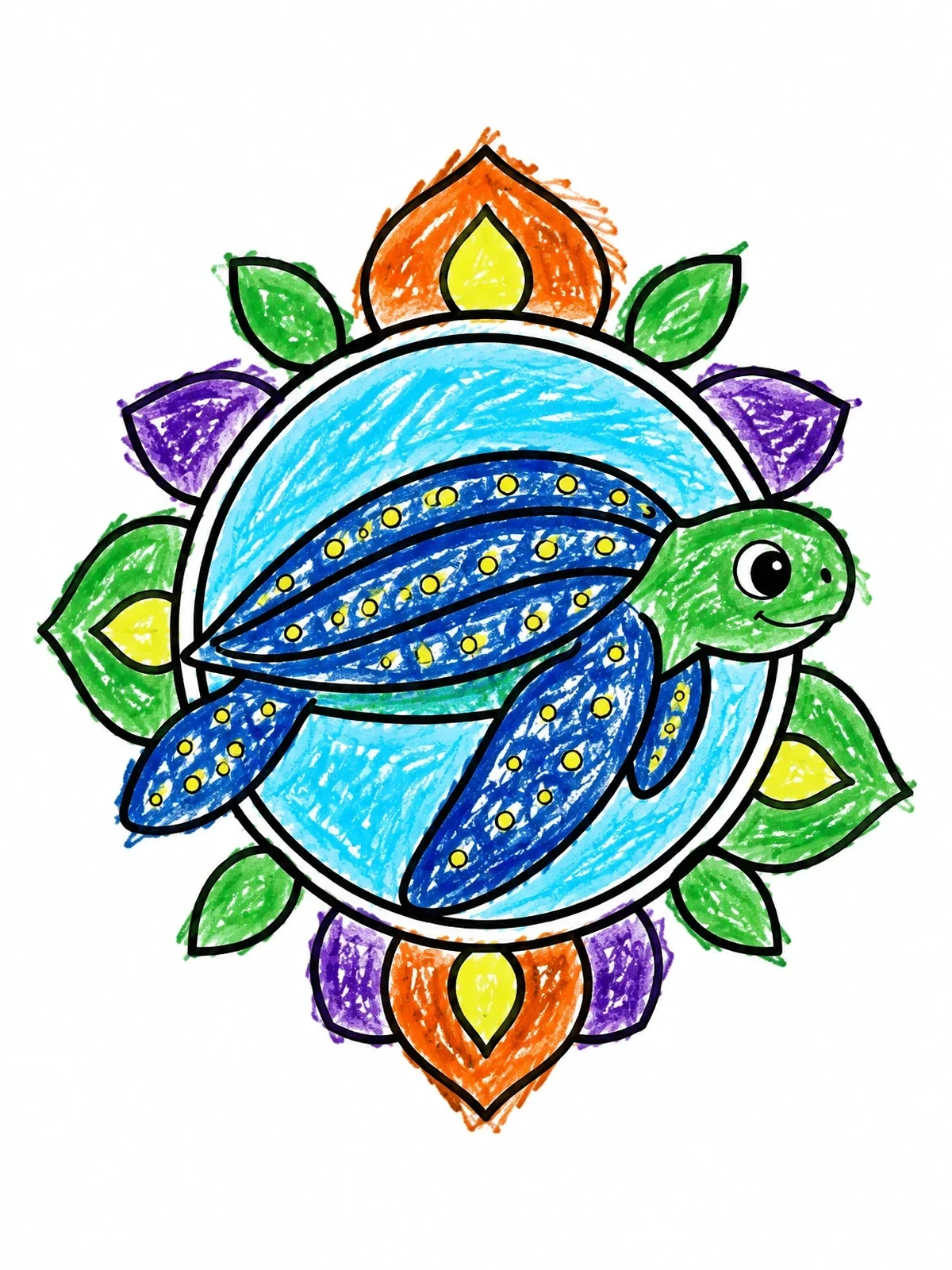 Colored example of the Cute Leatherback Sea Turtle Mandala coloring page