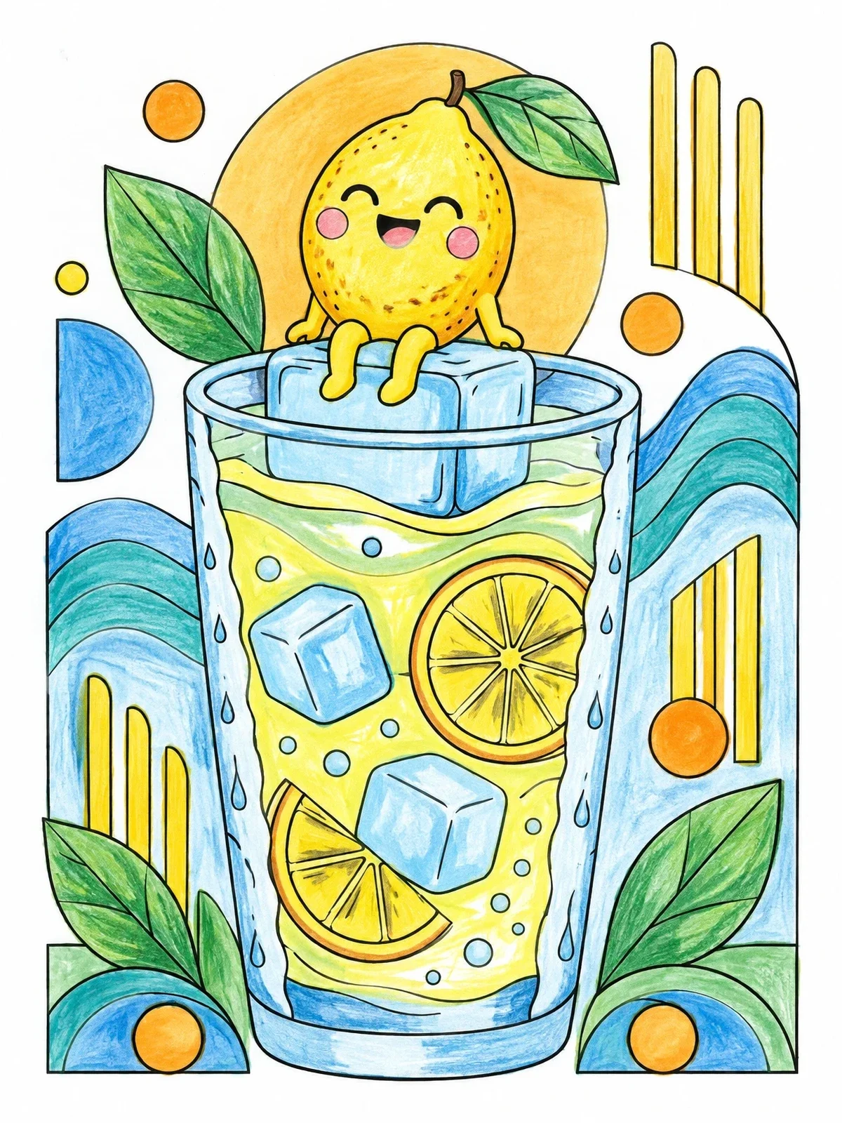 Colored example of the Cheerful Lemon On Iced Lemonade Glass coloring page