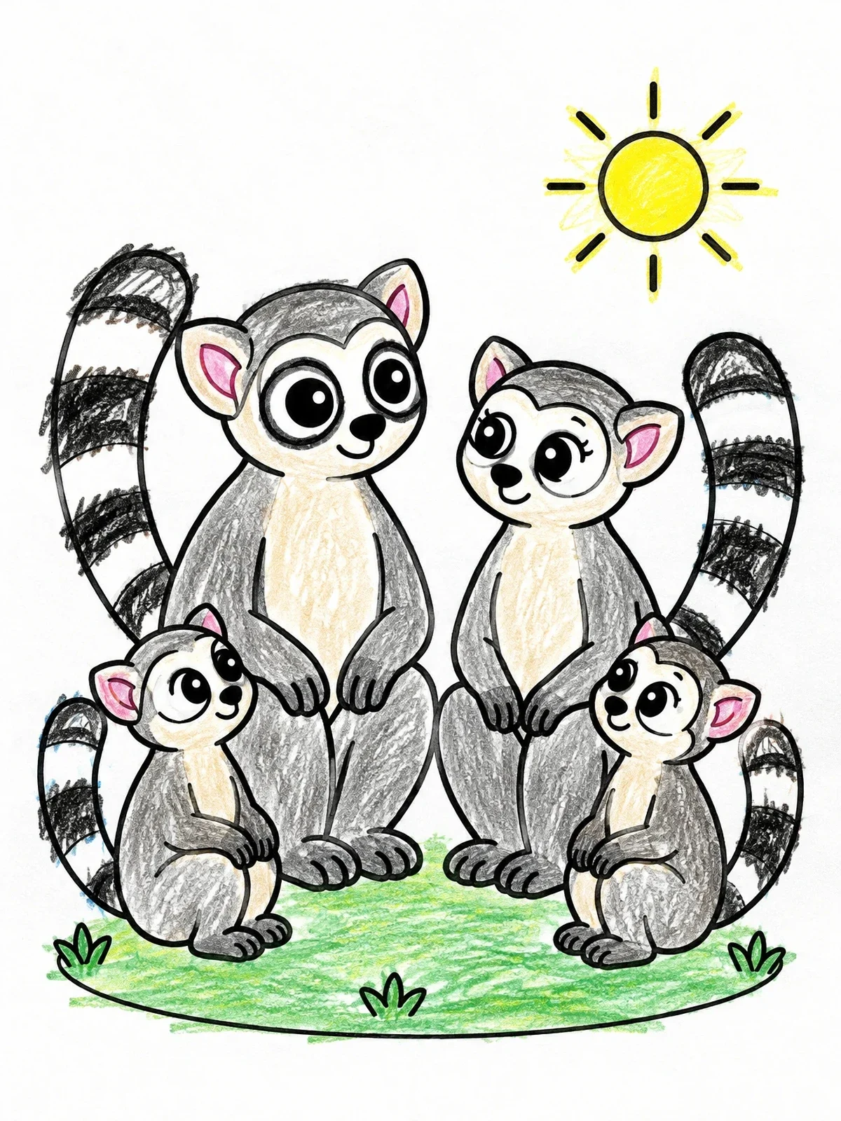 Colored example of the Cute Lemur Family Sunbathing Together coloring page