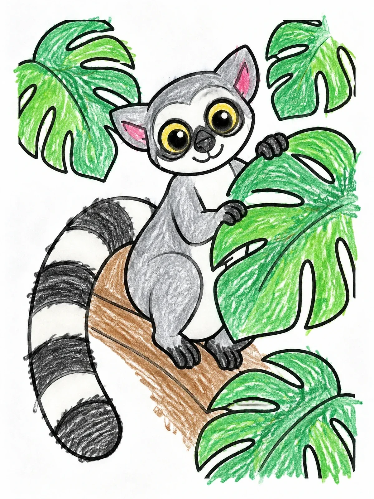 Colored example of the Cute Lemur Among Monstera Leaves coloring page