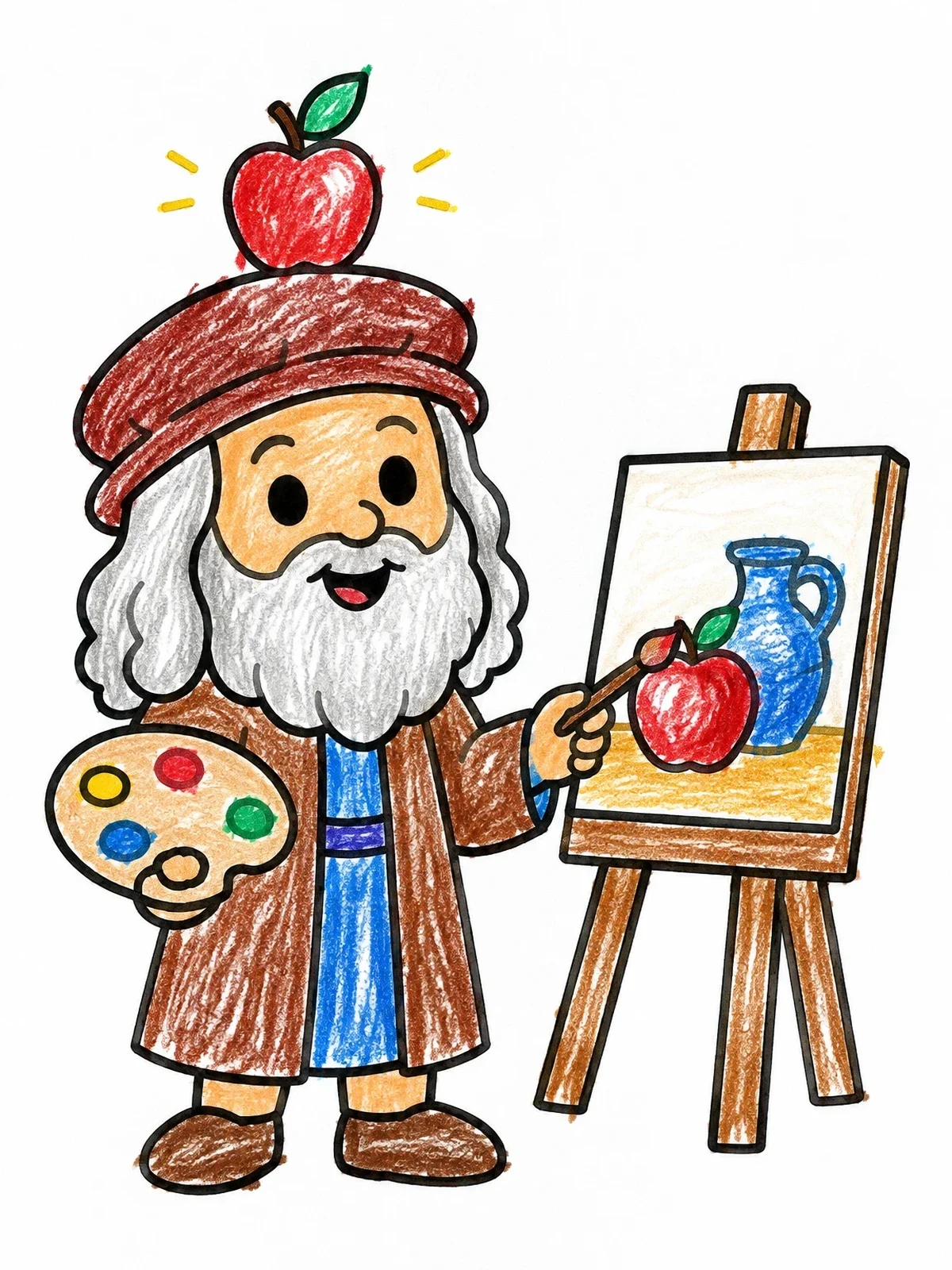 Colored example of the Cute Leonardo Da Vinci Painting An Apple coloring page