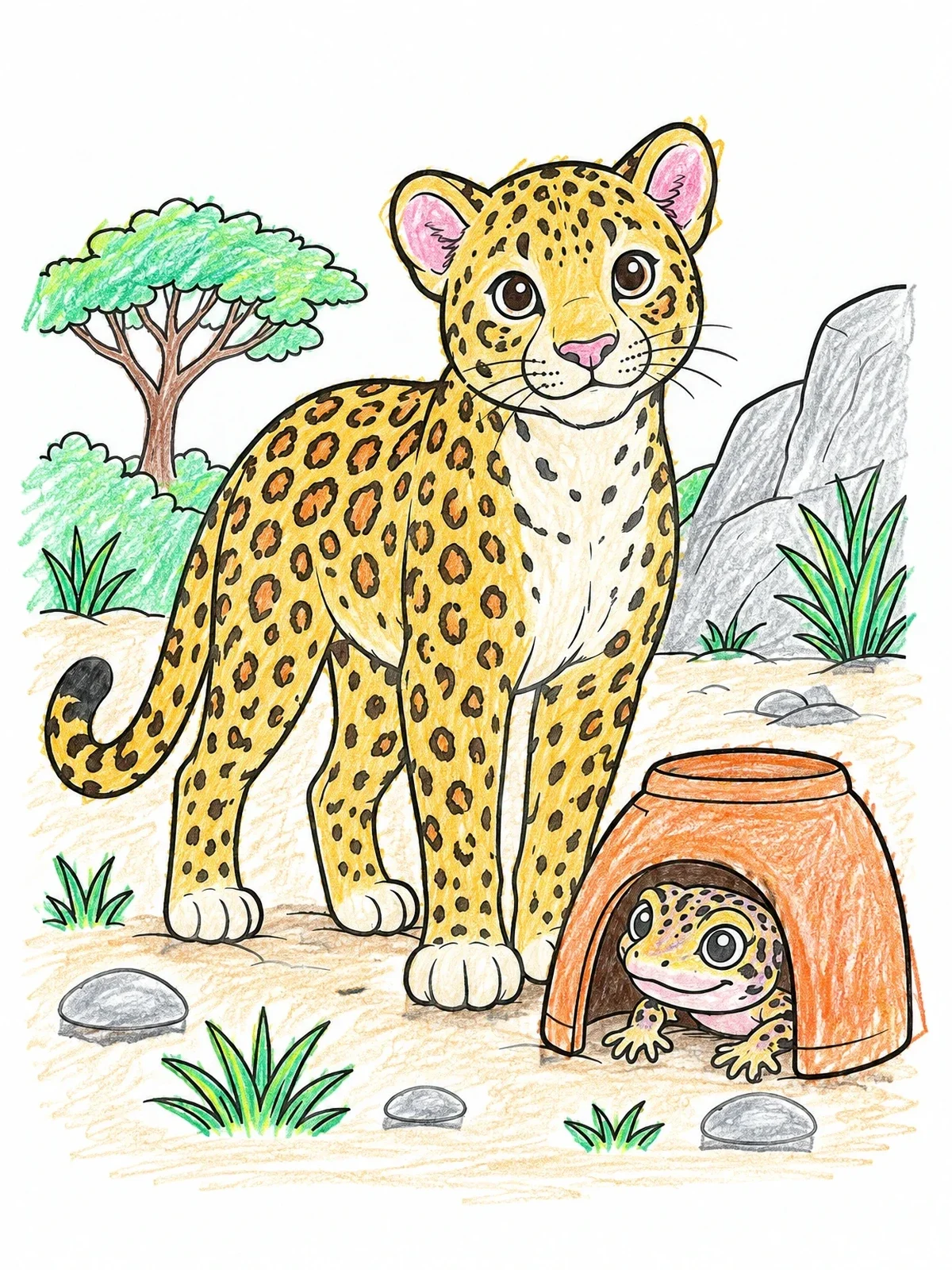 Colored example of the Cute Leopard And Little Leopard Gecko coloring page