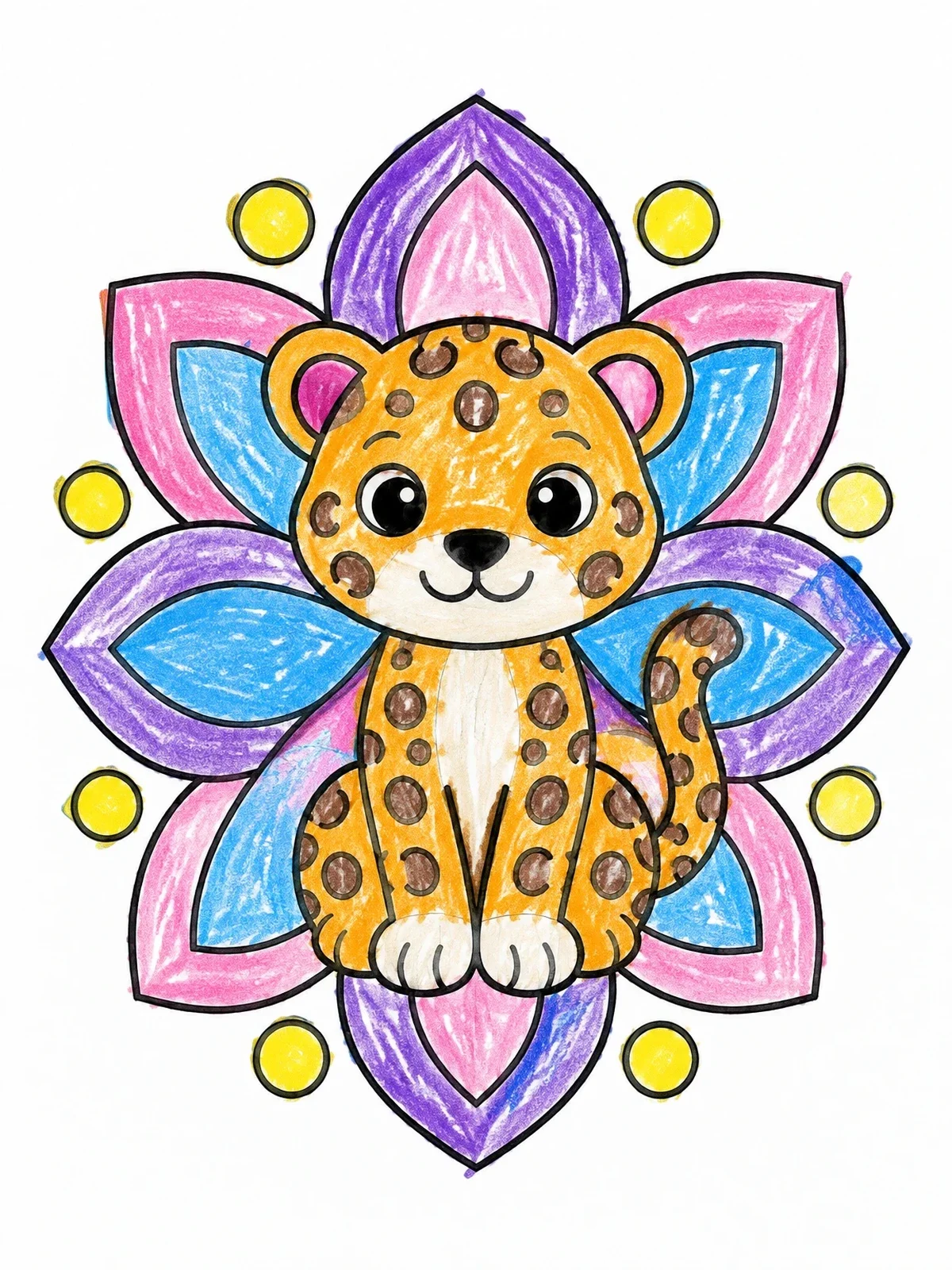 Colored example of the Cute Leopard Cub With Flower Mandala coloring page