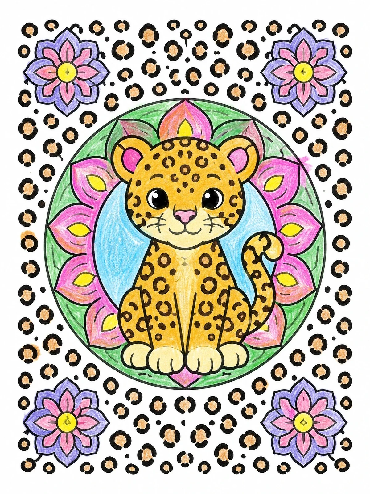 Colored example of the Cute Leopard Cub With Mandala Flowers coloring page