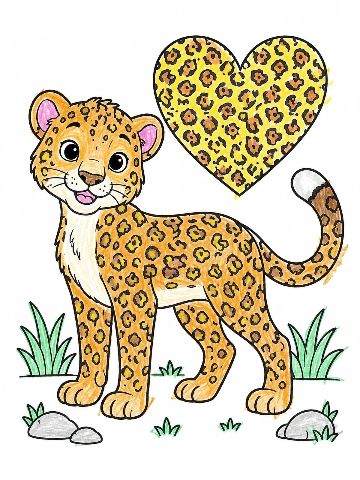 Colored example of the Cute Leopard Cub With Patterned Heart coloring page