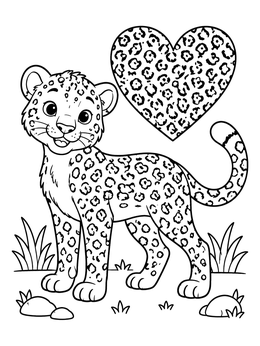 Free printable Cute Leopard Cub With Patterned Heart coloring page