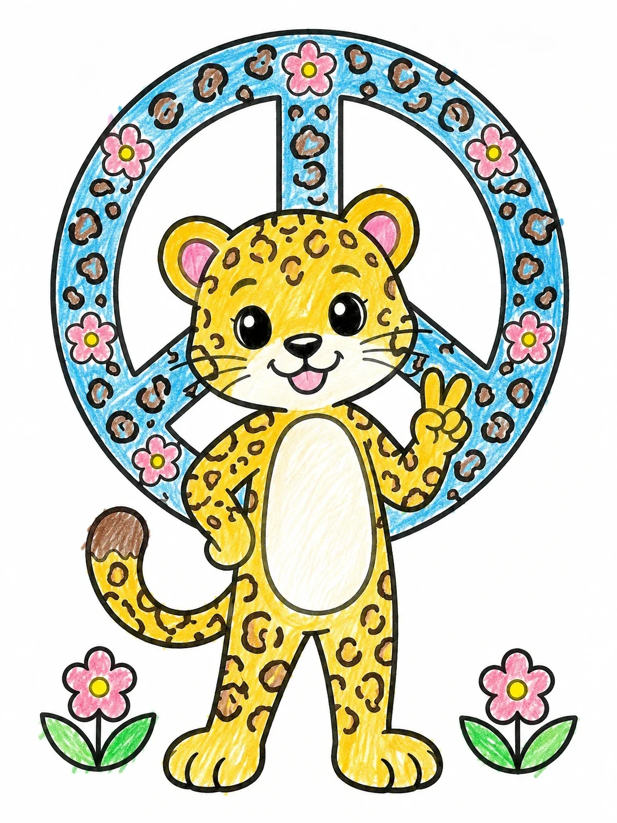 Colored example of the Cute Leopard With Peace Sign coloring page