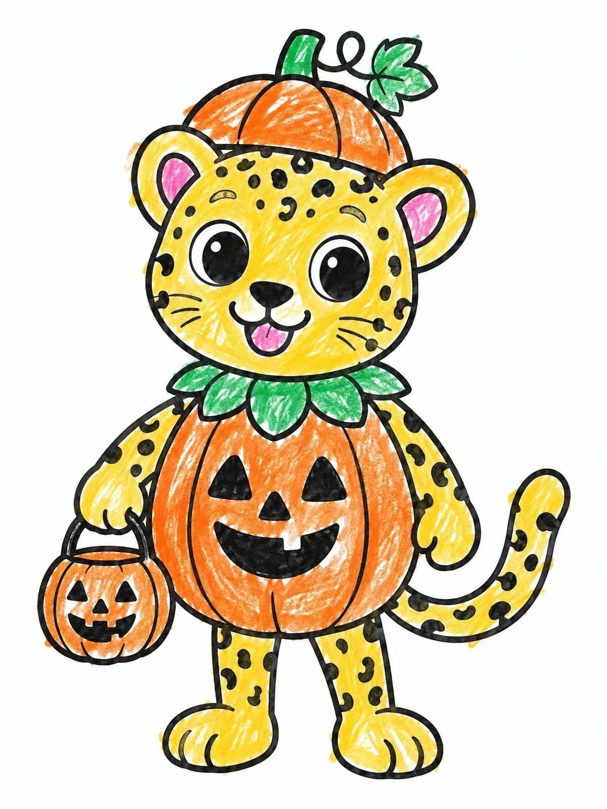 Colored example of the Cute Leopard In Pumpkin Costume coloring page