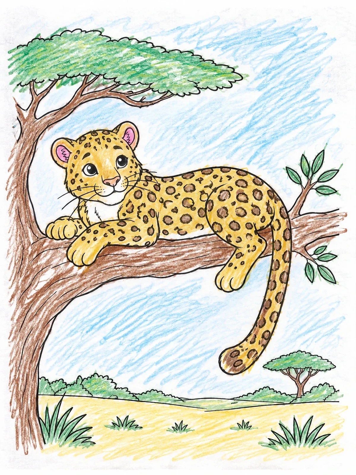 Colored example of the Cute Leopard Resting On Acacia Tree coloring page
