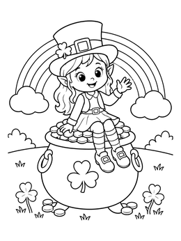 Free printable Leprechaun Girl On Pot Of Gold coloring page