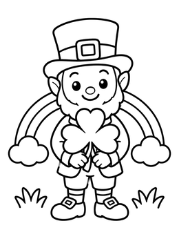 Free printable Cute Leprechaun Holding Clover With Rainbow coloring page