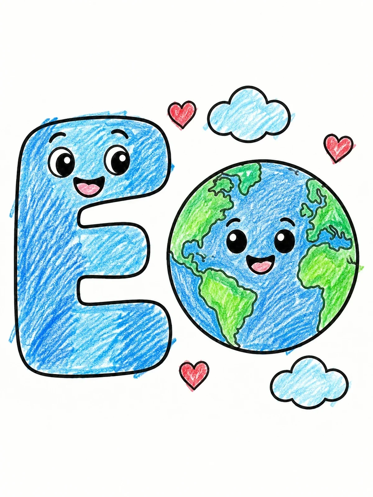 Colored example of the Cute Letter E And Smiling Earth coloring page