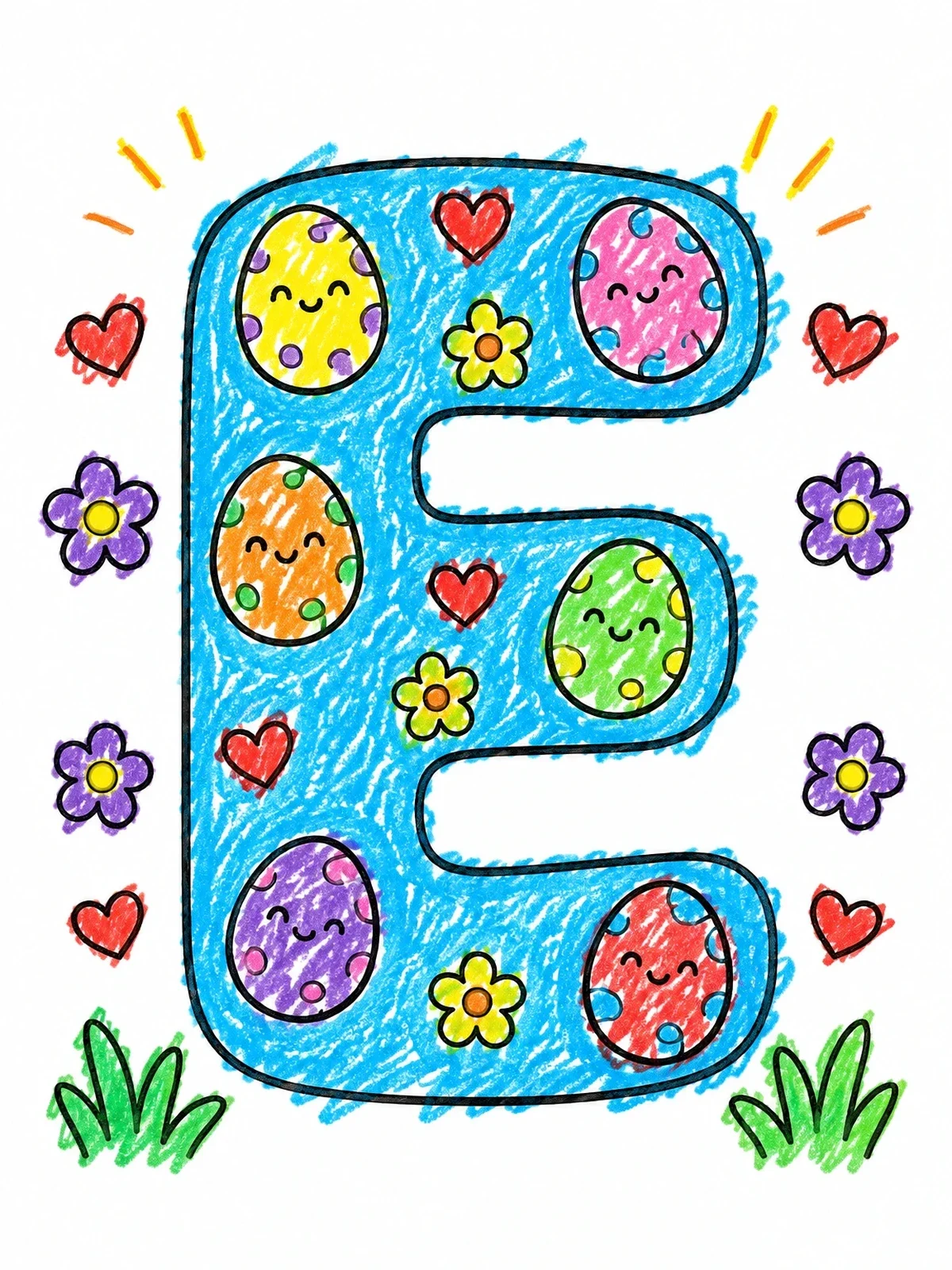 Colored example of the Cute Letter E With Smiling Eggs coloring page