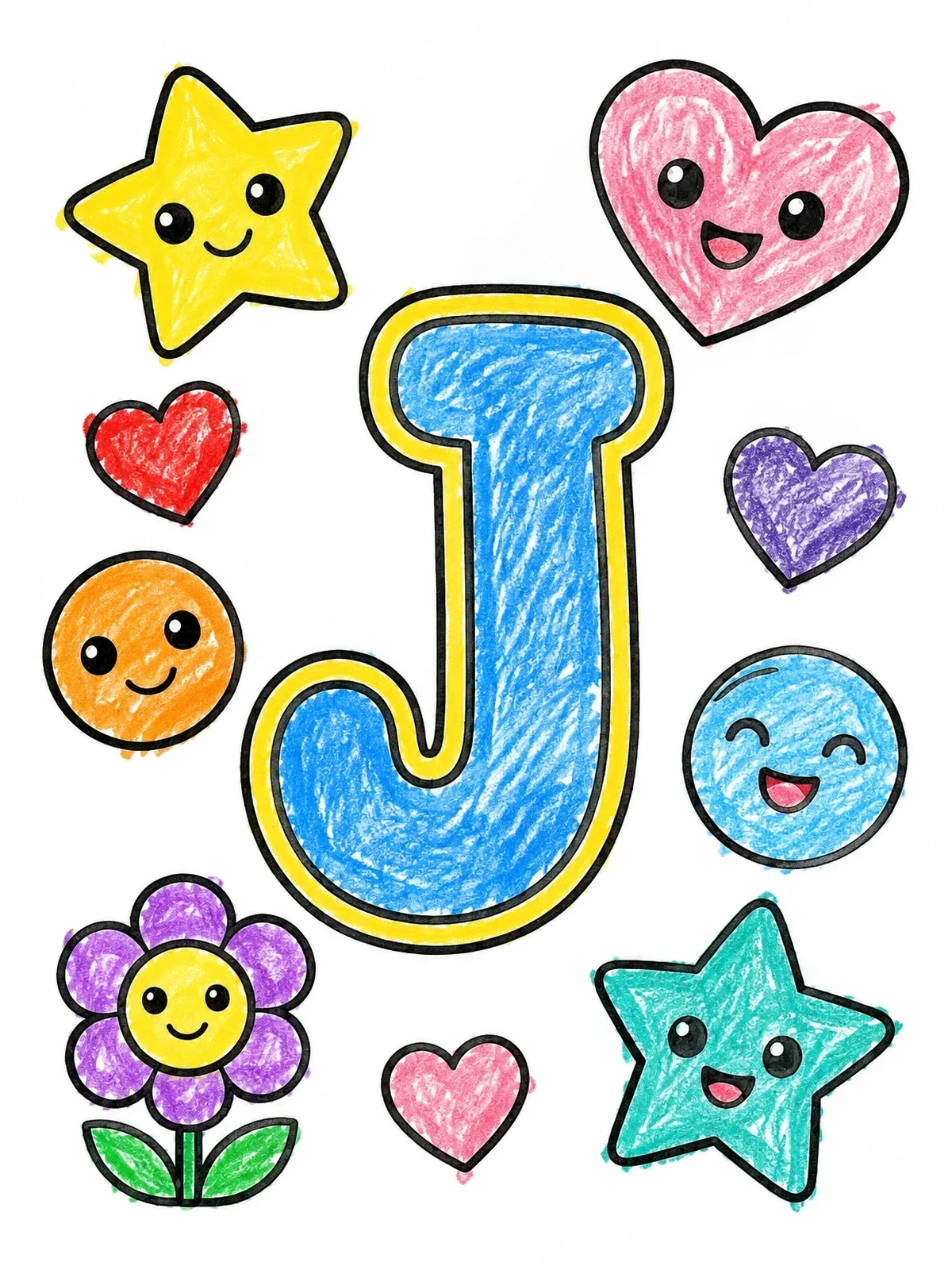 Colored example of the Cute Letter J With Friendly Shapes coloring page