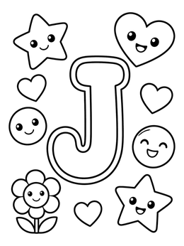 A cheerful letter J coloring page surrounded by smiling stars, hearts, a flower, and cute faces.