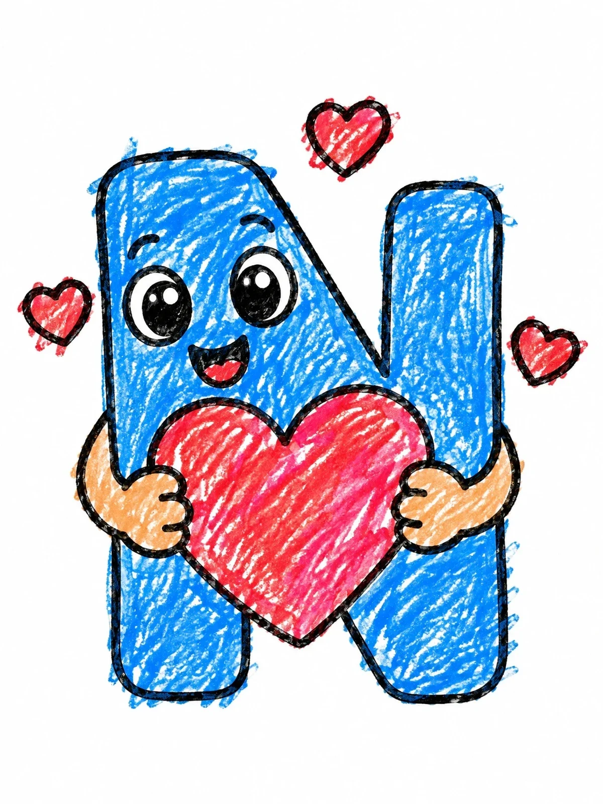 Colored example of the Cute Letter N Holding Heart coloring page